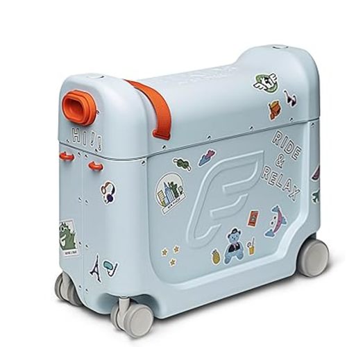 Stokke JetKids BedBox, Blue Sky - Ride-On Suitcase for Kids 2-7 Years Old (up to 77 lbs) - Transforms Into Bed - Includes Mattress, Decorative Stickers & Adjustable Carrying Strap