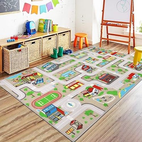 Capslpad Tan Car Road Kid Rug Carpet Playmat for Playoom Traffic Road Kids Play Mat for Toddler Non Slip Washable City Map Race Track Carpet Rug for Kids Room Bedroom Nursery Room Decor,5.2'x3.3'
