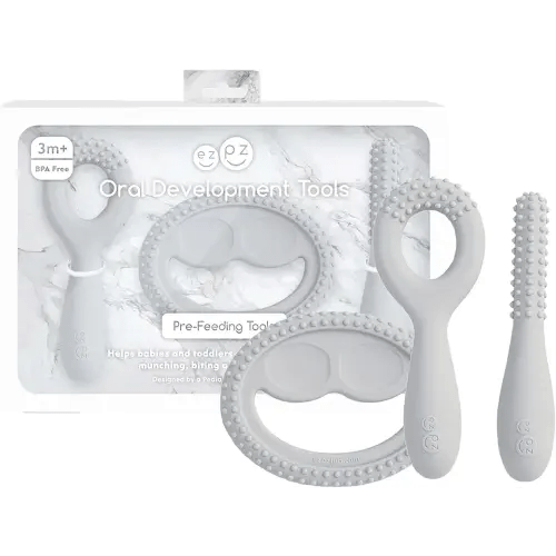 ezpz Oral Development Tools - 3 Months+ (3 Pack in Pewter) - Non-Slip Loop, Smile and Stick, 100% Silicone Tools to Practice Feeding + Chewing - Sensory Bumps - Dishwasher Safe
