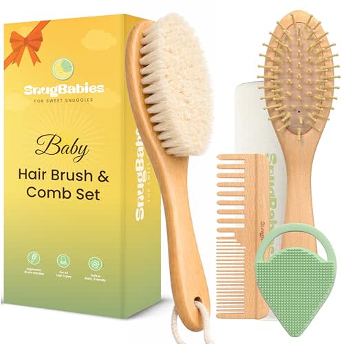 Baby Hair Brush & Comb Set for Newborns - Gentle Goat-Hair & Bamboo Bristle Hairbrushes with Easy Grip Wooden Handles - 5-Pack Baby Brush Set with a Cotton Travel Pouch - Gifts for Boys & Girls