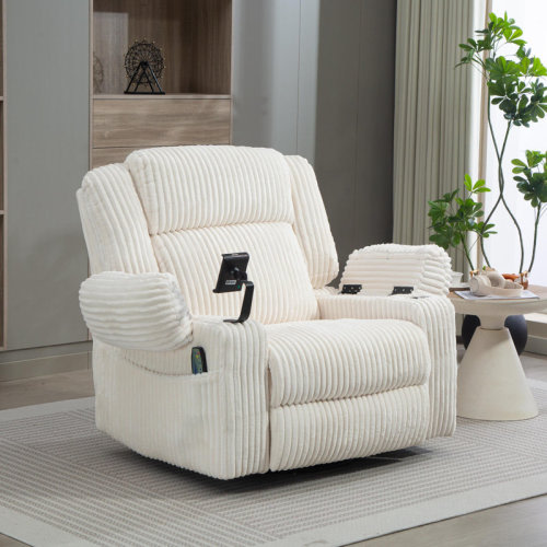 Mercer41 Oversized Dual Motor Power Swivel Rocker Recliner Chair with Adjustable Headrest for Adults, Glider Rocking Chairs with Vibration and Heat, USB Type C, Armrest Storage, Cream White | Wayfair
