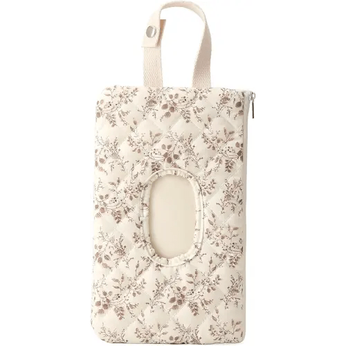 Quilted Baby Wipe Holder Floral Quilted Diaper Pouch Portable Mommy Bag for Travel Stroller Daily Casual (Beige)
