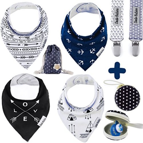 Baby Bandana Drool Bibs by Dodo Babies + 2 Pacifier Clips + Pacifier Case in a Gift Bag, Pack of 4 Premium Quality For Boys or Girls , Excellent Baby Shower / Registry Gift