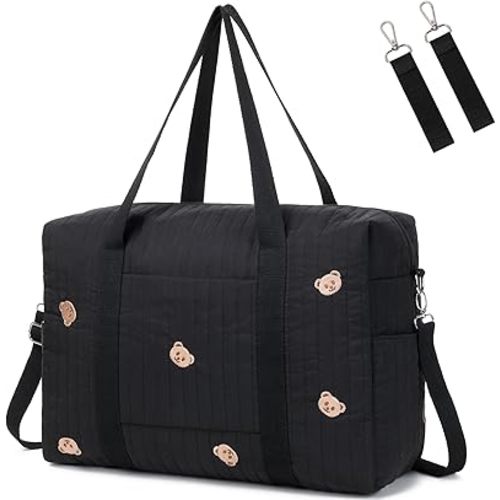 Diaper Bag Tote with Insulated Pockets and Stroller Hooks for Travel (Black-gold, Large)