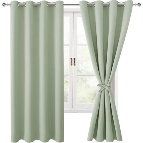 Hiasan Blackout Curtains for Bedroom, 52 x 63 Inches Length - Thermal Insulated & Light Blocking Window Curtains for Living Room/Kids Room, 2 Drape Panels Sewn with Tiebacks, Seafoam Green