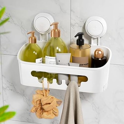 LEVERLOC Shower Caddy Suction Cup Shower Organizer Suction Bathroom Storage Removable Powerful Shower Shelf Max Hold 22lbs Suction Bathroom Caddy Waterproof Shower Storage - White