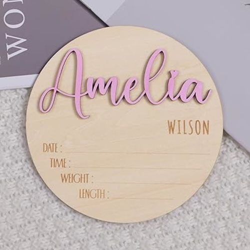 Personalized Birth Announcement Sign for Hospital, Baby Name Sign with Birth Stats, Newborn Announcement Sign Disc (Design 01)