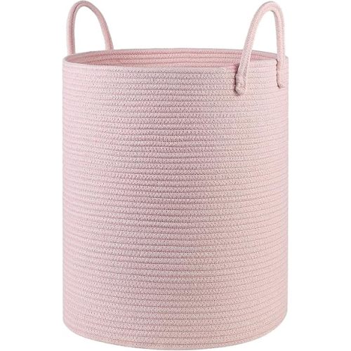 Cotton Rope Laundry Basket Hamper for Girls Kids Baby Nursery Hamper Bin Woven Blanket Basket for Living Room cute baby laundry basket Storage Basket for Nursery Toy Storage Bin&Box(Pink)