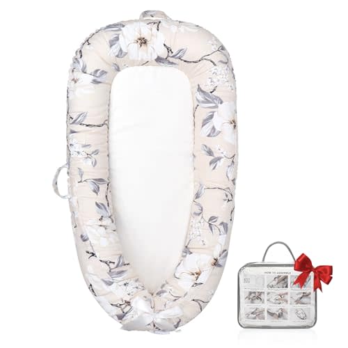 JOCUTE Baby Lounger,100% Soft Breathable, Portable Canvas Newborn Lounger Infant Floor Seat Cushion for Travel, Tummy Time, Newborn Must Have Essentials Baby Shower Registry Search(Flower)