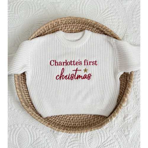 First Christmas Monogrammed Oversized Embroidered Baby Newborn Sweater