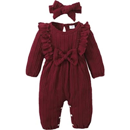 Happy Town Baby Girl Romper Infant Fall Winter Clothes Ruffle Sweater Long Sleeve Bodysuit Jumpsuit and Headband