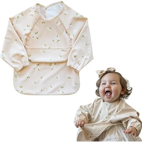 Zoe & Co Baby Bibs for Eating w/Pocket | Premium Soft Waterproof Bibs | Cute Toddler Bibs 6-36mo | Hang Dry Long Sleeve Bib
