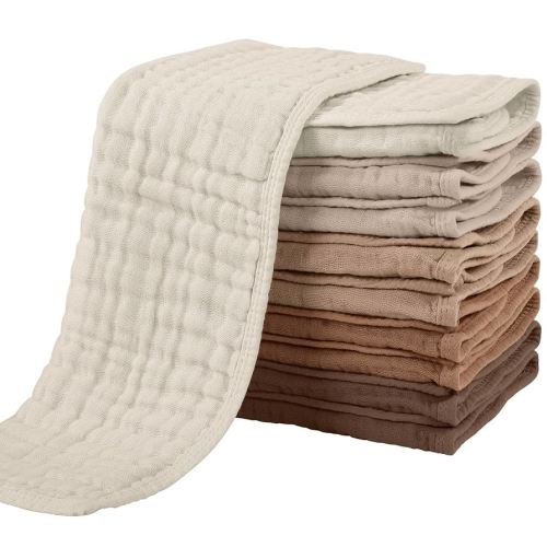 Yoofoss Muslin Burp Cloths for Baby 10 Pack 100% Cotton Baby Washcloths for Boys Girls Large 20''X10'' Super Soft and Absorbent-Gradient Khaki