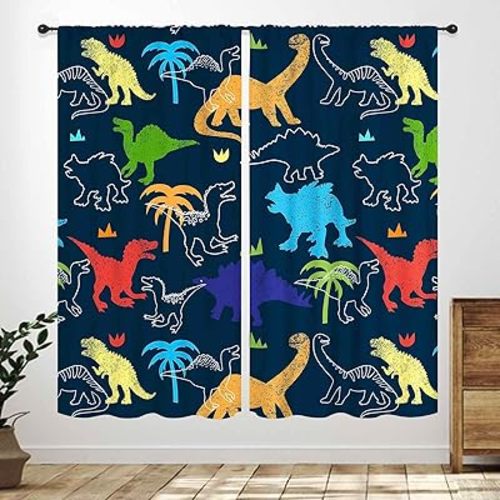 Boys Dinosaur Curtains,Cartoon Colorful Safari Animal Navy Blue Drapes Treatments for Boys Girls Children Nursery Living Room Bedroom Window Curtains 2 Pieces,42X45 Inch