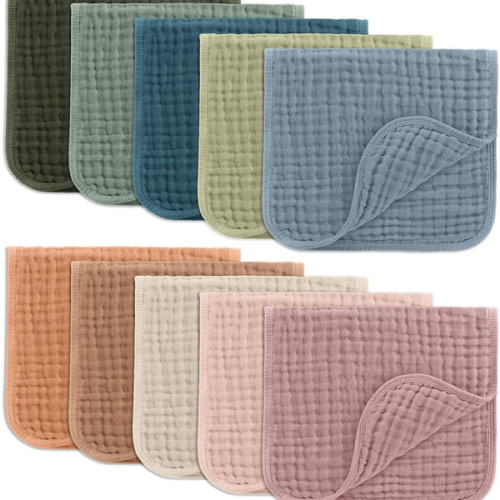 Comfy Cubs Muslin Burp Cloths 20" x 10", Pack of 10 - Large, 6-Layer, Ultra Absorbent 100% Cotton for Baby Drool and Messes - Soft, Safe & Gentle Baby Burp Cloths for Boys & Girls - Multi