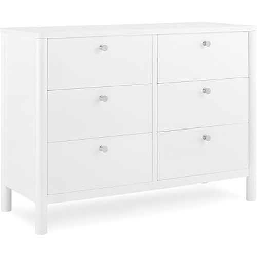 Delta Children Brooks 6 Drawer Dresser with Interlocking Drawers (Includes 3 Sets of Knobs – Choose from Natural, Brushed Nickel & Melted Bronze), Bianca White