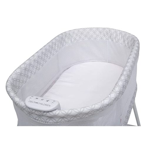 Delta Children Sweet Dreams Bassinet with Airflow Mesh Bedside Portable Crib with Vibration Lights and Music, Grey Infinity
