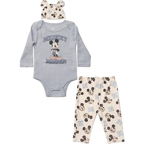 Magic Threadz Disney Clothes Baby Boys Bodysuit, Pants & Hat 3-Piece Outfit – Mickey, Pooh, Stitch, Cars, & Spiderman (0–9M)
