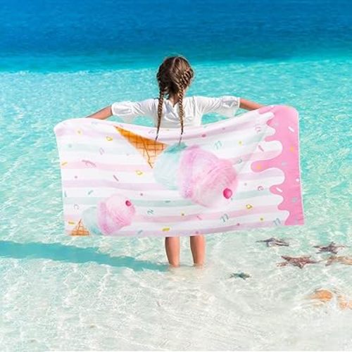 WERNNSAI Kids Beach Towel for Girls - 30” x 60” Ice Cream Sand Free Swim Towels for Girls Bath Pool Camping Travel Towel Quick Dry Ultra Absorbent Super Soft Beach Blanket Bath Shower Towel