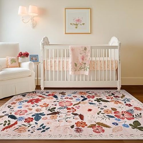 Boho Floral Area Rugs 5x7 Soft Washable Stain Resistant Indoor Floor Carpet Rug Vintage Beige Low Pile Non Slip Rug Spring Farmhouse for Living Room Bedroom Dining Room Playroom Nursery Family Room