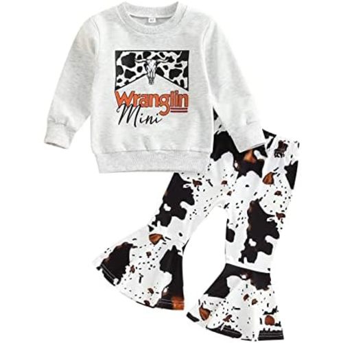 Western Bell Bottom Outfits For Toddler Girls Fall Winter Clothes Cow Print Crewneck Sweatshirt Flare Pants Casual Set