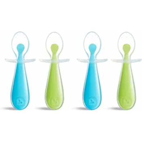 Munchkin® Silicone Scoop™ Trainer Spoons with Choke Guard for Baby Led Weaning, 4 Count, Blue/Green