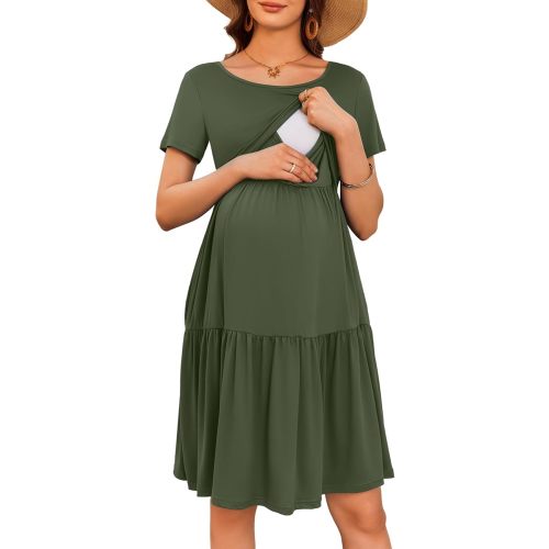 Ekouaer Nursing Dress Summer Short Sleeve Breastfeeding Casual Knee Length Maternity Dresses S-XXL