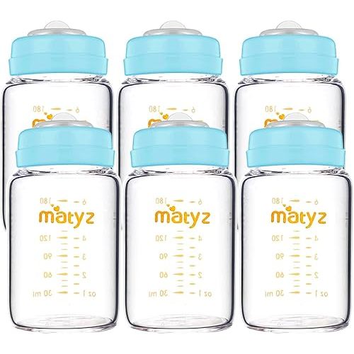 Matyz Glass Breastmilk Storage Bottles, 6 Pack, 6 oz, Compatible With Spectra Medela Breast Pump - Freezer Safe Storage Bottles Set - Wide Mouth Breastmilk Storage Containers - BPA Free (Blue Lids)