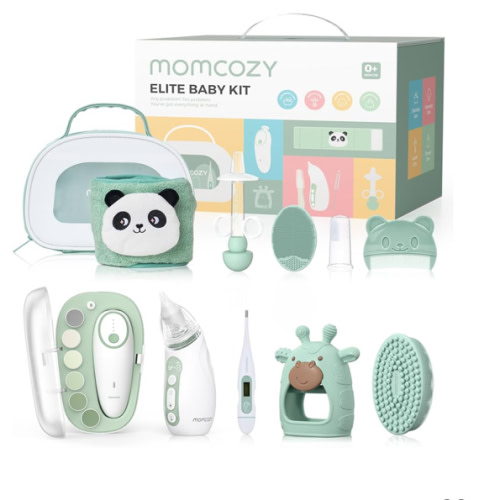 Momcozy Elite Baby Kit, Superior Baby Shower & Registry Essential Kit for Grooming & Health & Cleansing Care, Electric Nail File & Nasal Aspirator,Tummy Wrap,Thermometer,Bath Brush,Teether,Storage Bag
