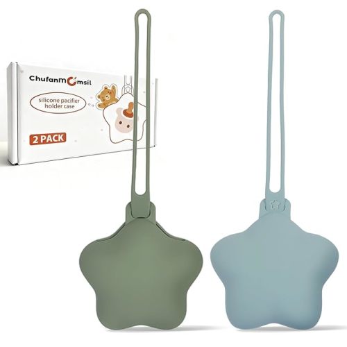 Silicone Pacifier Holder Case, Pacifier Pouch Storage Case for Diaper Bags, Cute Silicone Pacifier Holders for Newborn Baby Boy Girl, 2 Pack Stars, Green + Blue