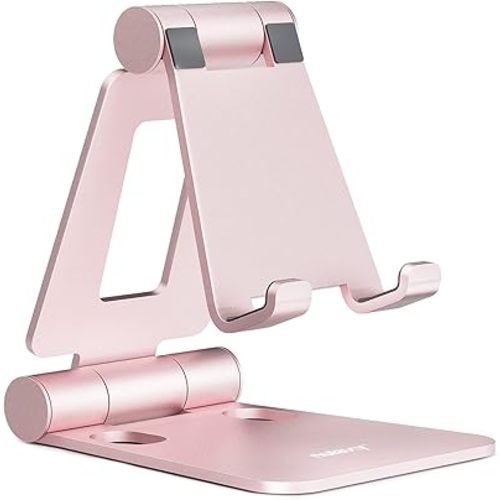 Nulaxy Dual Folding Cell Phone Stand, Fully Adjustable Foldable Desktop Phone Holder Cradle Dock Compatible with Phone 16 15 14 13 12 11 Pro Xs Xs Max Xr X 8, Nintendo Switch, All Phones - Rose Gold