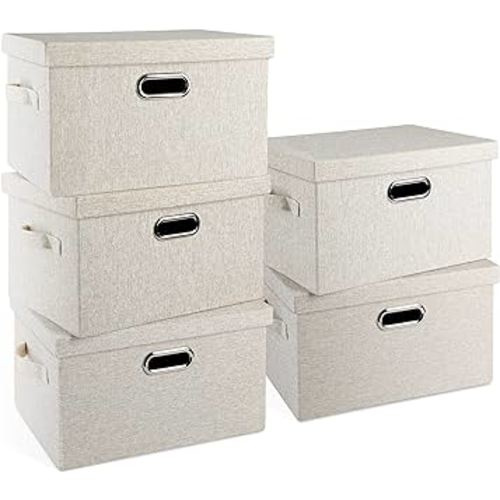 Graciadeco Medium 15" 21 Quart Collapsible Stackable Storage Bins with Lids, 5 Packs Beige Foldable Fabric Closet Storage Boxes with Lids, Lidded Storage Bins 4 Handles Toy Heavy-duty Linen Cube Box Baskets Container Organizers and Storage for Bedroom Off