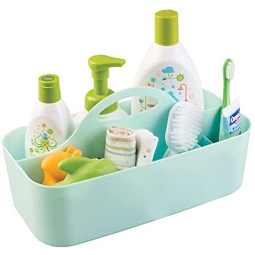 mDesign Plastic Portable Nursery Storage Organizer Caddy Tote - Divided Basket Bin with Handle - Holds Bottles, Spoons, Bibs, Pacifiers, Diapers, Wipes, Baby Lotion - Lumiere Collection - Mint Green