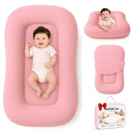 Baby Lounger for Newborns 0-24 Months - Baby Essentials | Soft Breathable Cotton Infant Support Cushion for Tummy Time & Play, Portable Infant Lounger - Dusty Rose (Cover Included)