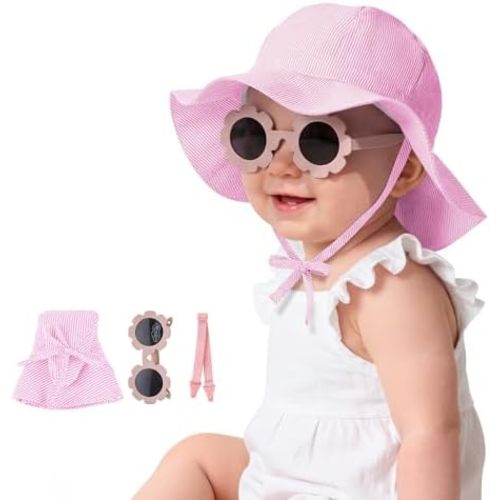 Durio Baby Sun Hat and Sunglasses - UPF50+ Sun Protection Hat for Boy Girl, Wide Brim Summer Beach Hats for Newborn Toddler