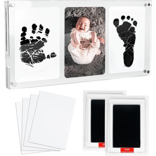 Baby Handprint Footprint Ink Pad Kit With Magnetic Acrylic Photo Frame For Mother's Day - Infant Nursery Decor, Newborn Keepsake For New Mom Gift, Clean Touch Picture Frame For Babyshower Gifts - 12''