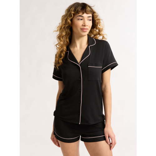 Joyspun Women’s Dreamy Soft Collection Short Sleeve Knit Notch Collar Top and Shorts Pajama Set, 2-Piece, Sizes XS-3X