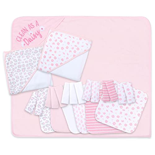 The Peanutshell Hooded Bath Towel and Wash Cloth Set for Baby Girls - 23 Piece Gift Set - Pink Floral & Cheetah Print