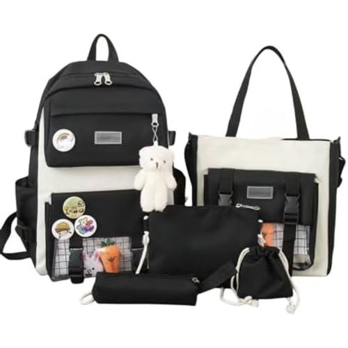 MAVERY 5-piece Kawaii backpack, laptop bag, teenage boys and girls schoolbag, multifunctional handbag (Black 2), AH-963