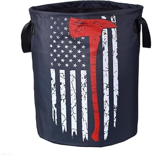 American Flag Red Line Ax Laundry Basket Firemen Foldable Oxford Cloth Funny Tote Bag Laundry Hamper Clothes Storage Bucket Organizer For Bathroom/Laundry Storage /Bedroom17.7x13.7Inch
