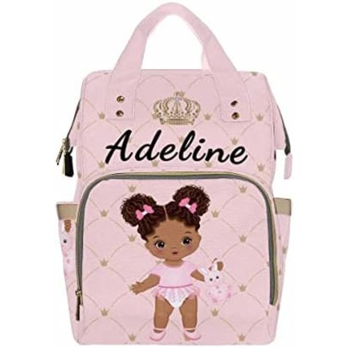 Newcos Personalized African Baby Crown Pink Diaper Backpack with Custom Name Shoulder Mommy Baby Bag