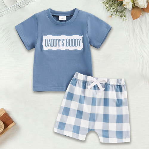 RTKFRFLM Toddler Boy Summer Shorts Set 2 Piece Baby Summer Clothes Daddys/Mamas Matching Outfit Short Sleeve Embroidery T Shirt Plaid Shorts Set Clothes Set Outfits,Size 6-9 Months
