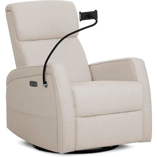 évolur Maverick Upholstered Power Glider Recliner with Device Holder – Swivel, Rocking & Smooth Power Recline – Greenguard Gold & FSC Certified, Modern Nursery and Living Room Chair in Light Sand