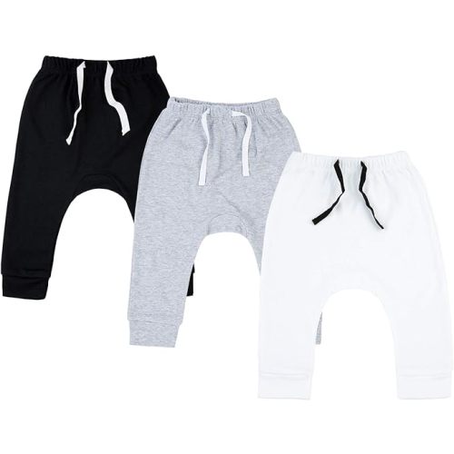 SOBOWO Newborn Baby Boy Girl 3-Pack Joggers Infant Baby Cotton Harem Pants for Toddler Boys Girls 0-3T Interlock 195 GSM