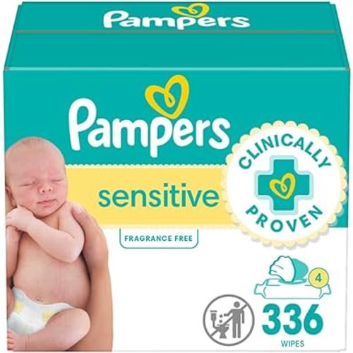 Pampers Sensitive Baby Wipes, Water Based, Hypoallergenic and Unscented, 4 Flip-Top Packs (336 Wipes Total) (Packaging May Vary)