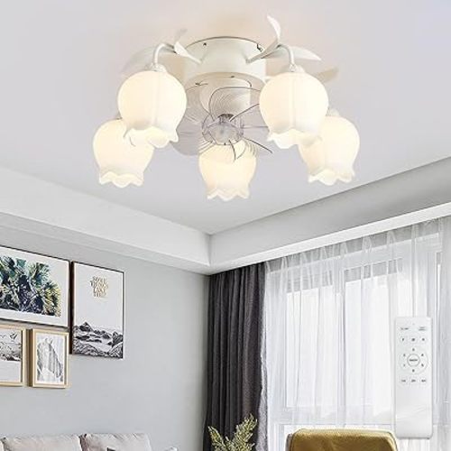 Flower Ceiling Fan with Light: 23.6 Inch White Flower Fan Lights for Girls Bedroom - Flush Mount Fandelier for Living Room - 5-Light Modern Chandelier with Fan for Home Decor