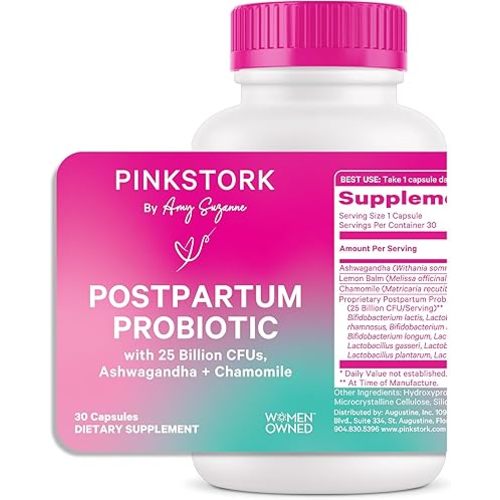 Pink Stork Probiotics for Postnatal Women - 30 Billion CFUS with Ashwagandha and Chamomile, Postpartum Essentials for Hormone Balance, Mood Support, Gut Health, Digestive Wellness, 30 Capsules
