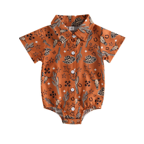 Mevireiy Western Baby Cowboy Shirt Romper Long Sleeve Button Down Onesie Bodysuit Outfits,Orange,3-6 Months