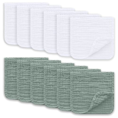 Ease Cubs Muslin Burp Cloths Large 100% Cotton Hand Washcloths for Boys & Girls, Baby Essentials Extra Absorbent and Soft Burping Rags for Newborn Registry (White & Green, 12-Pack, 20" X10")