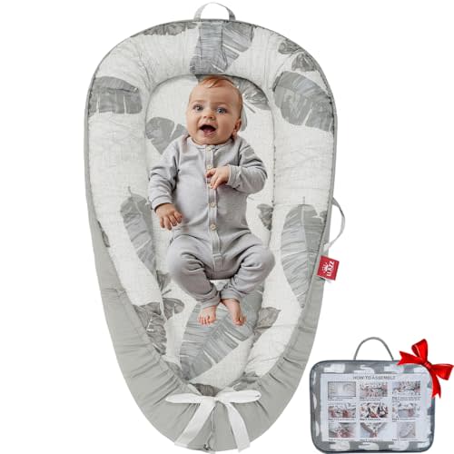 Baby Lounger, Newborn Lounger, Baby Nest Bed, Portable Baby Bed, Girl Boy Baby Essentials, Soft Breathable Portable Infant Lounger Essentials (Gray Leaves)